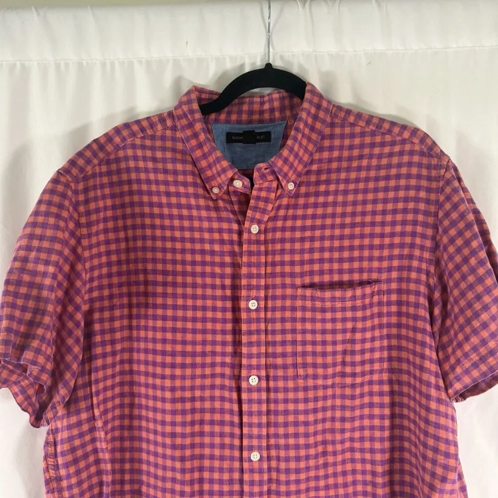 Banana Republic Linen Blend Button Down Shirt Men's XL Purple Orange Short Slv